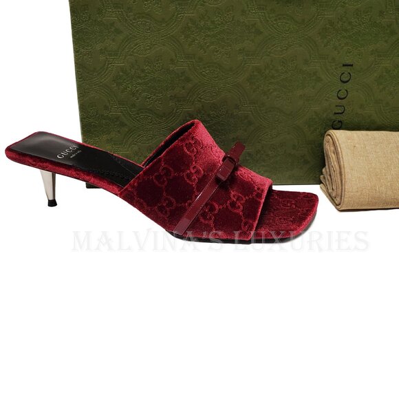 GUCCI SHOES GG LOGO BURGUNDY VELVET w BOW DETAIL SLIDES sz 38 8 US - Picture 14 of 15